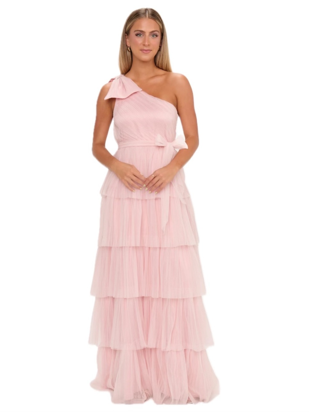 NWT Show Me Your Muumuu One-Shoulder Tiered Tulle Maxi Dress in Blush Pink